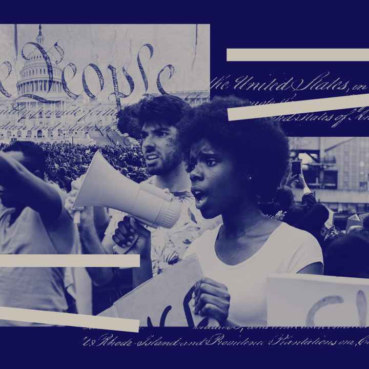 A graphic featuring a crowd of people demonstrating and the Preamble to the United States Constitution.